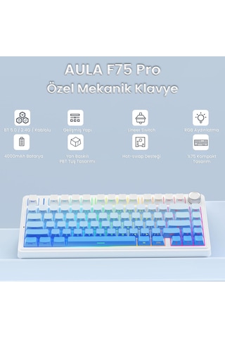 Aula F75 Mekanik Rgb Tkl Seiya Switch Kablosuz Makrolu Hot Swap Klavye Gradyan Mavi
