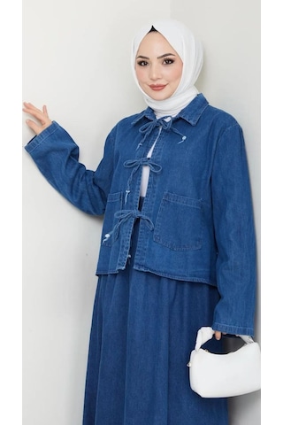 Tesettür Kadın Fiyonklu Etekli Kot Takım Koyu Mavi