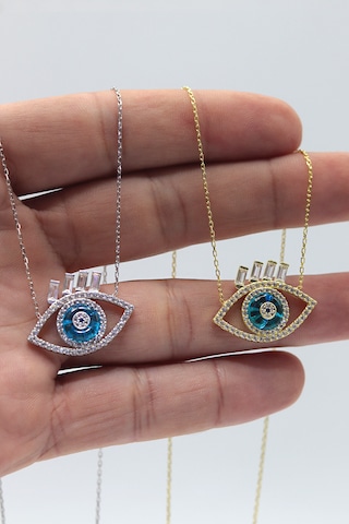 Zirkon Taşlı Nazarlık Model Gold Kaplama Gümüş Kadın Kolye
