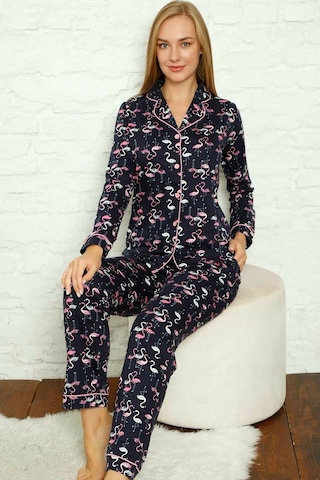 Alimer Filamingo Desen Kadın Uzun Kollu Pijama Takım Edy2607Uy-L