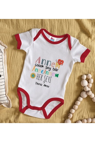 Bk Gift Bk Kids Kişiye Özel Annem Çok Şeyi Bilir Tasarımlı Kırmızı Bebek Body Zıbın-1 Çok Renkli