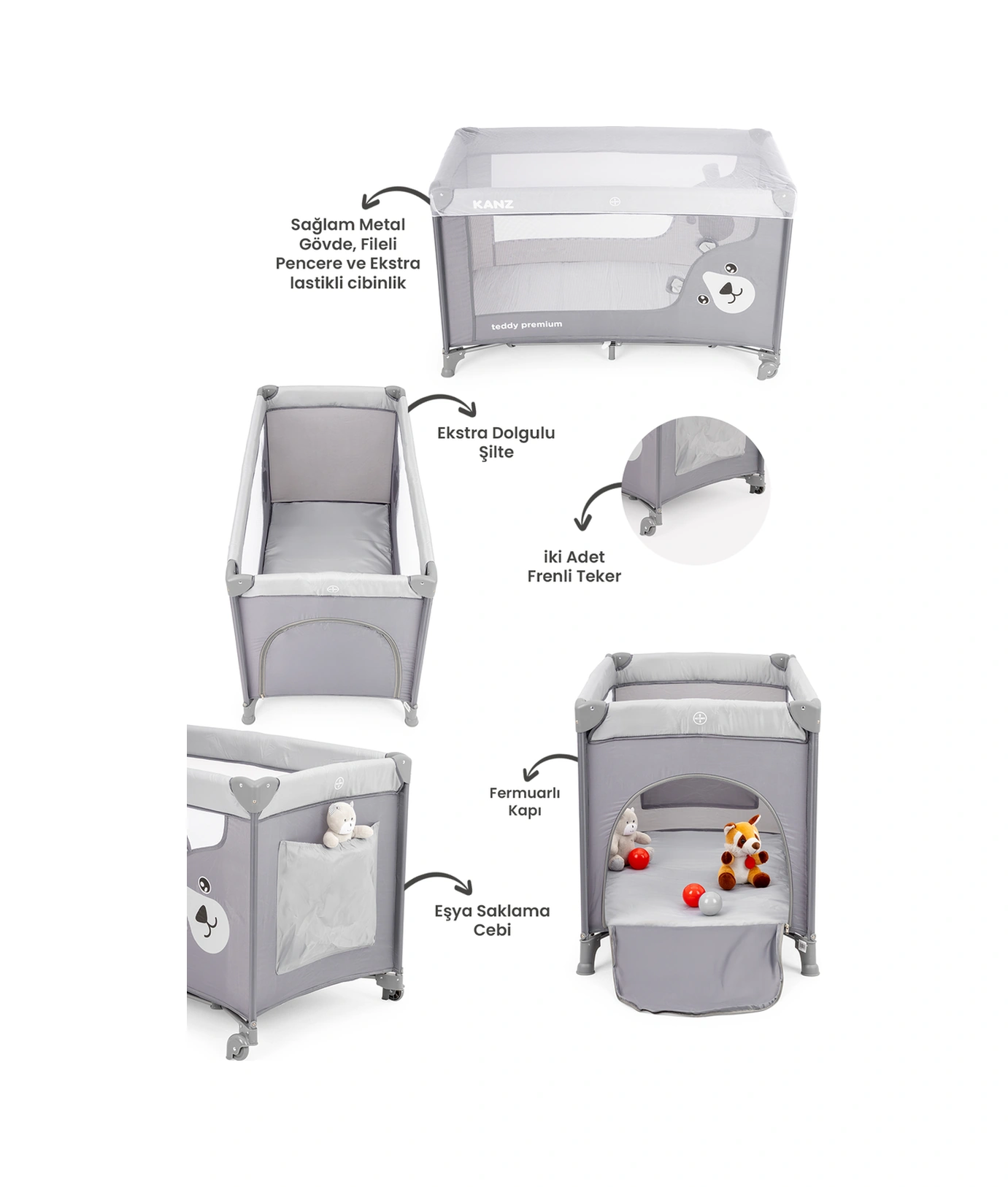 Kanz Teddy Premium Oyun Parkı Ve Park Yatak Gri 60 X 120