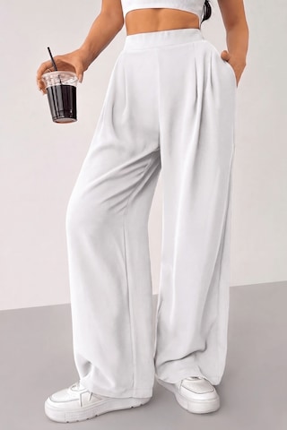 Genius Store Kadın Pantolon Scuba Krep Kumaş Beli Lastikli Cepli Pileli Geniş Paça Palazzo Pantolon Scuba-crep Beyaz