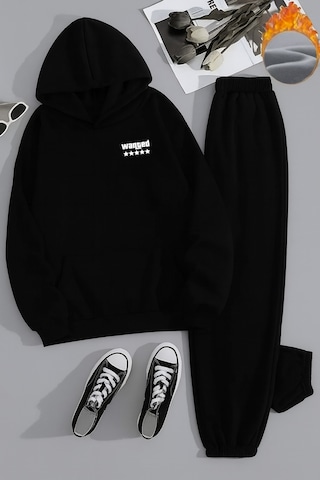 Unisex Wanted Baskılı Kapüşonlu Siyah Eşofman Takımı - Kışlık Şardonlu Kumaş Siyah