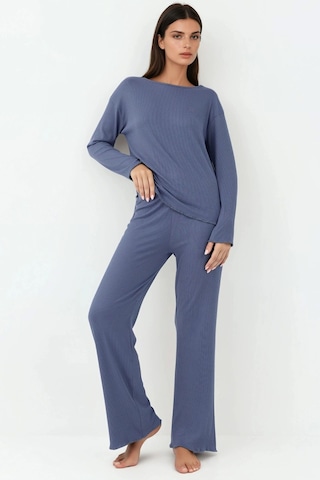 Hiccup Yüksek Bel Uzun Kollu Pijama Takımı Oxford Mavisi