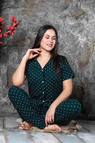 Lukitus Gömlek Yaka Milan Kumaş Kısa Kol Pijama Takımı Yeşil