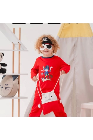 Korsan Desenli Çanta Ve Maskeli % 100 Pamuk Erkek Çocuk Pijama Takımı Kırmızı