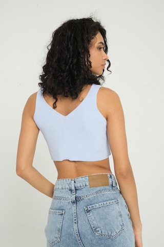 Hiccup V Yaka Fitilli Örme Fermuarlı Crop Top Mavi