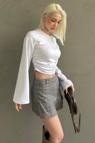 Madmext Gri %100pamuklu Ekose Desen Pileli Mini Şort Etek Mg2629 Gri