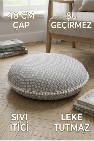 Sandalye Minderi Yuvarlak Gri Çiçek Desenli Ponponlu Leke Tutmaz Bahçe Sandalye Pufu 40cm Çok Renkli