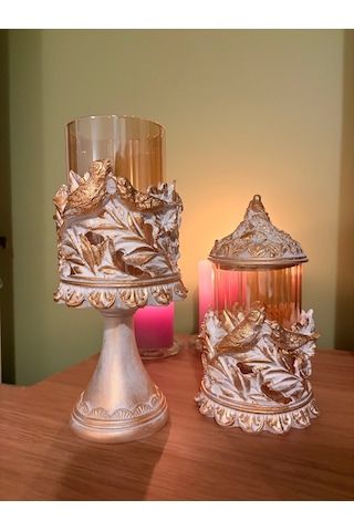 Kuşlu Ayaklı Ve Kapaklı Dekoratif Cam Mumluk & Şekerlik Seti Beyaz Altın Varak Eskitme 2'li Şamdan & Kavanoz 27x12 Cm & 23x12 Cm Çok Renkli 86905866