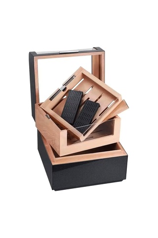 Cigarloong Karbon Desen Camlı Katlı Humidor Puro Kutusu 150s