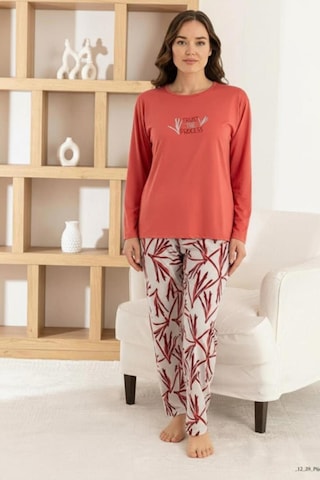 Pijamoni Kadın Milan Bisiklet Yaka Uzun Kol İnce Pijama Takımı 7600/18 - 1 Adet Nar