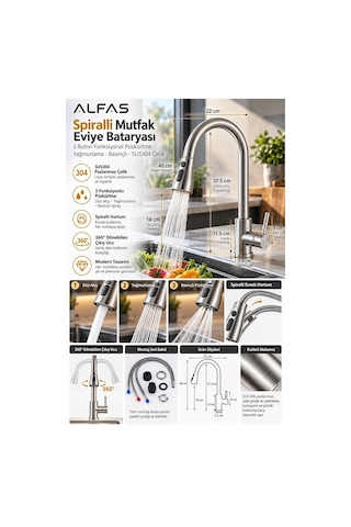 Alfas Spiralli Mutfak Eviye Bataryası İnox 3 Buton Fonksiyonel Yağmurlama Basınçlı 304 Çelik Inox