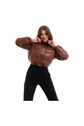 Winmoda34 Deri Kadın Şişme Mont Kısa Kahve
