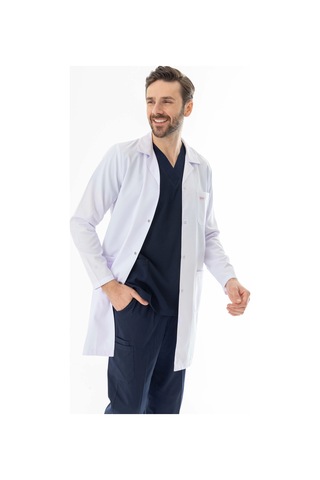Spor Yaka Uzun Boy Erkek Doktor Önlüğü Alpaka Kumaş Beyaz Beo102 Beyaz
