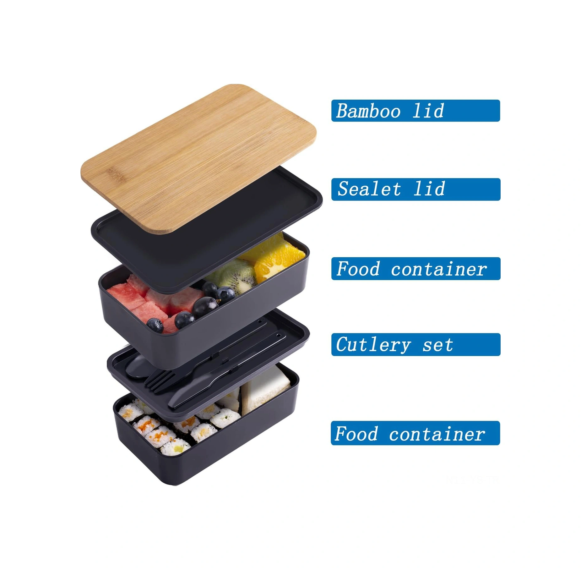 Yunboo İki Katlı Bambu Kapaklı Microwave Uygun Yemek Kutusu, Öğrenci-çalışan İçin Büyük Kapasite, Yiyecek Sağlama, Pp Malzeme, Yıkama Makinesine Uygun Isı Saklama Çantası Hariç Siyah