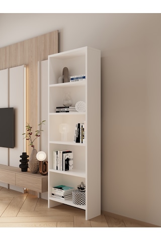 Ligno Mobilya Modern Açık Raf Salon Kitaplığı - 162 Cm Dekoratif Aksesuar Ve Kitap Düzenleyici, Robot Süpürge Uyumlu 5 Bölmeli Düzenleyici Beyaz