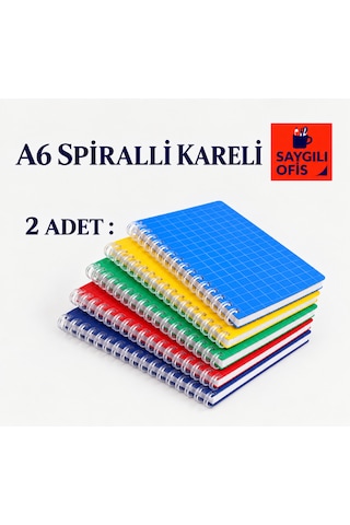 Spiralli Pp. Kapak Ödev Defteri A6 60 Yaprak Kareli Not Defteri Telli 2 Adet Çok Renkli