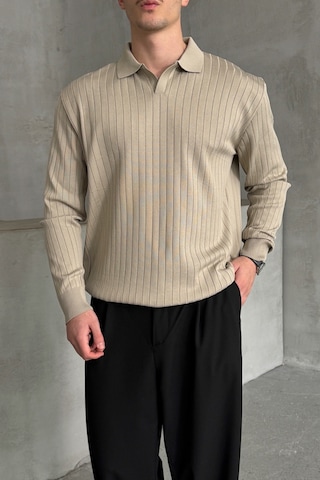 Erkek Polo Yaka Fitilli Oversize Triko Kazak Bej