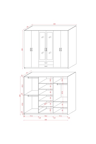 Asra Trend 6 Kapaklı Gardırop G-05 %100 MDF 2 Çekmeceli Aynalı Elbise Dolabı Sonoma