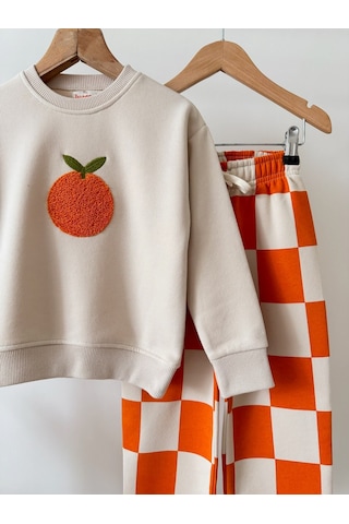 Magu Çocuk Portakal Nakışlı Ekru Sweatshirt Ve Turuncu Dama Eşofman Takımı Çok Renkli