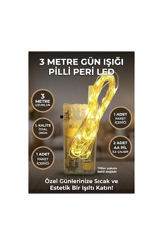 3 Metre Gün Işığı Pilli Peri Led Işık - Dekoratif Bakır Tel Led Aydınlatma Sıcak Sarı
