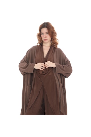 Bohem Stil Italyan Ipek Detaylı Oversize Kap Bluz- Wes Pantolon Takım-8789 Kahverengi