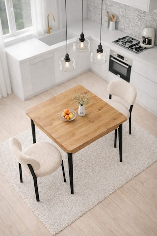 Renlife Ahşap Mutfak Masası Takımı Metal Ayaklı 2 Adet Antrasit Sandalye 70x70 Masa 2krem Çam Çam -2krem Vivo
