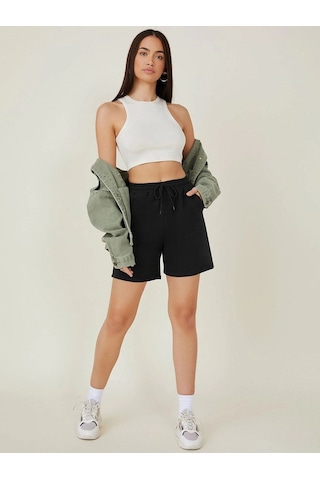Siyah Kısa Düz Renk Baskısız Şort - Penye Baskısız Kordonlu Siyah