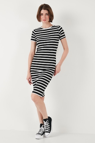 Lela Slim Fit Çizgili Pamuklu Bisiklet Yaka Kısa Kollu Midi Bayan Elbise 5865700 Siyah-Beyaz
