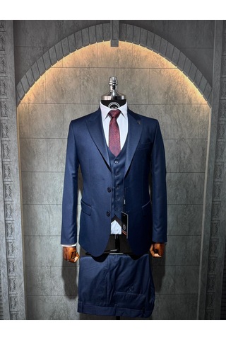 Dupont Classics Dupont Erkek Slim Fit 6 Drop Filafil Viskon Sivri Yaka Çift Yırtmaç Yelekli Takım Elbise Lacivert