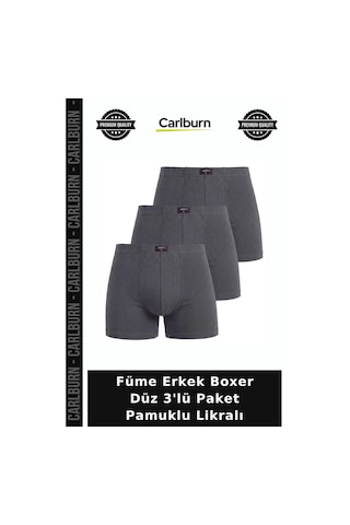 Carlburn Premium Füme Erkek Boxer Düz 3'lü Paket Pamuklu Likralı Esnek Yapı Günlük Kullanım Temel Giyim