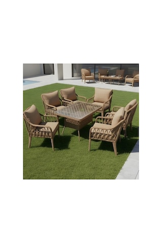 Dora Garden Home Defne 6 Kişilik Rattan Bahçe Balkon Mutfak Masa Takımı Kahverengi Siyah Çizgili