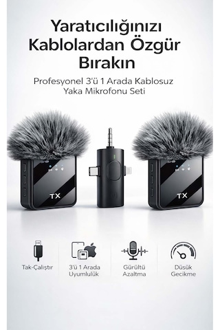 3'ü 1 Arada Kablosuz Yaka Mikrofonu Seti - Type-c, İphone Ve Android Uyumlu - Vlog Mikrofonu 3'ü 1 Arada Kablosuz Yaka Mikrofonu Seti - Type-c, İphone Ve Android Uyumlu - Vlog Mikrofonu