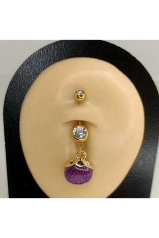 Aya Tasarım Gold Renk Mor İstiridye Figürlü Göbek Piercing Altın