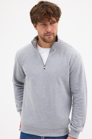 Mmetalic Erkek Gri Standart Fit Normal Kesim Pamuklu Yarım Fermuarlı Dik Yaka Pamuklu Sweatshirt Gri