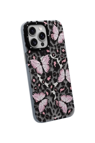 Apple Uyumlu iPhone 15 Pro Kılıf Magsafe Özellikli Kelebek Desenli Youngkit Shadow Dance Serisi Kapak Gri