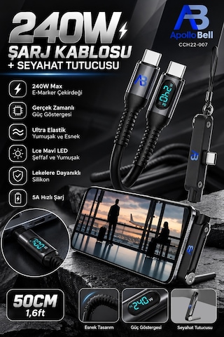 Apollobell Cch22-007 240w Şarj Kablosu + Seyahat Tutucusu