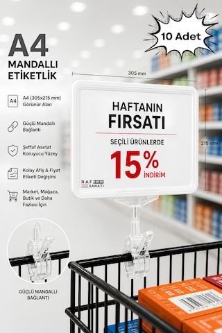 10 Adet - A4 Mandallı Fiyatlık Etiketlik Sepet Raf Askılık Fiyat Etiketi Çerçeveli Market Mağaza Beyaz