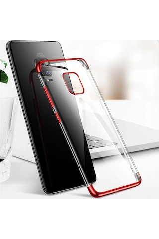 Xiaomi Redmi Note 9 Pro / 9s Köşeleri Renkli Kamera Korumalı Şeffaf Kılıf Kırmızı Şeffaf