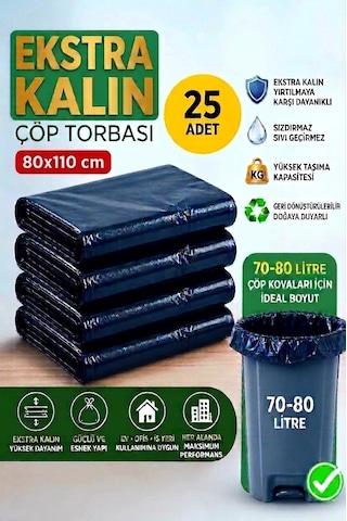 80x110 Cm Extra Kalın Siyah Endüstriyel Çöp Poşeti - 25 Adet / Ağır Hizmet Tipi