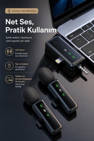 Delux Serisi Yayinci Aleti Ses Kaydı Röportaj Kiti Yaka Mikrofonu H68 Siyah 3ın1