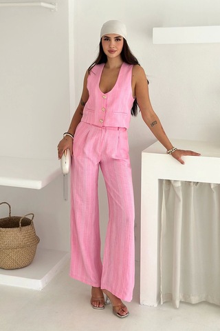Asprin Fashion Çizgili Kumaş Yelek Takım Pembe Pembe