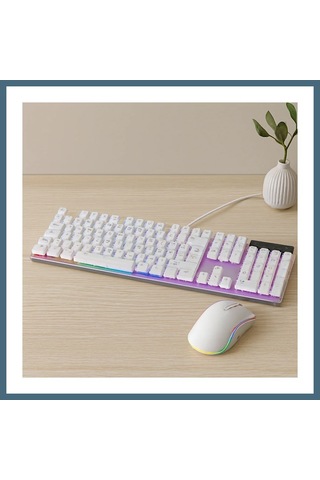 Agc Uygun Sepet Usb Kablolu Oyuncu Klavye Ve Mouse Seti - Beyaz Rgb Agc