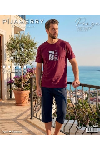 Pijamerry Erkek Bisiklet Yaka Kısa Kol Kapri Pijama Takımı 8012 - 1 Adet Bordo