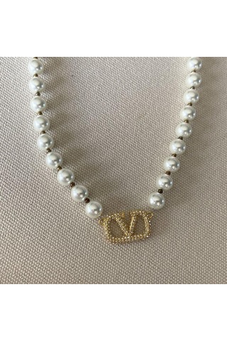 V Taşlı Çelik İnci Kolye Çok renkli