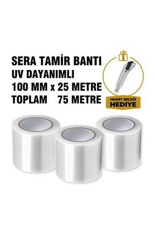 Uv Dayanımlı Şeffaf Pe Sera Tamir Bandı 100 Mm 25 Mt 3 Lü Set Toplam 75 Mt, Maket Bıçağı Hediyeli