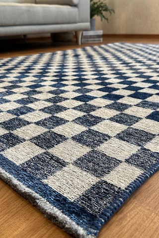 Mavi Beyaz Modern Geometrik Dama Desenli Yıkanabilir Halı - Yo30035xf Mavi - Beyaz