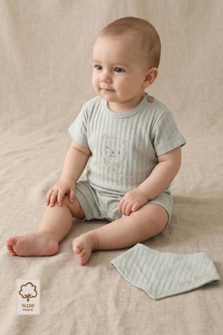 Minory Baby - %100 Pamuk Müslin Bebek Tulum Seti Ayı Nakışlı Fular Önlüklü Gri Gri